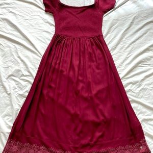 Roxy Burgandy Midi Dress with Embroidered Hem